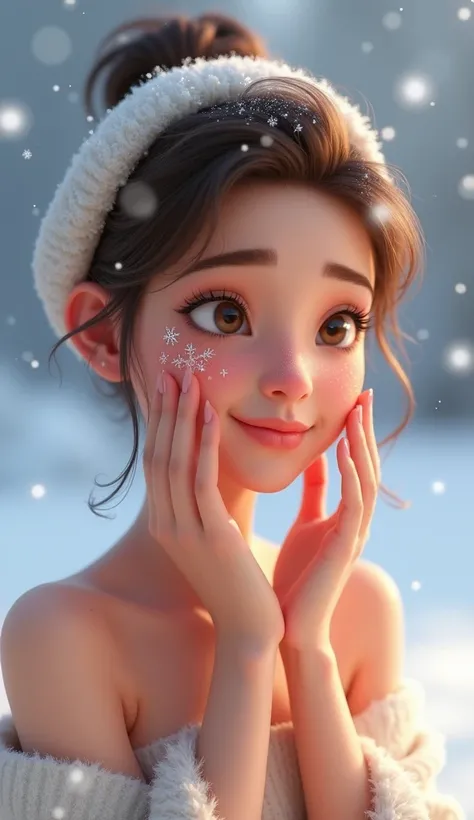 Effects and DetaCharacter Action:
"Create a calm character demonstrating a winter skincare routine:

Step 1 - Hydrating Serum: The character applies a hydrating serum to their face. As the serum is smoothed onto the skin, subtle glowing droplets appear and...