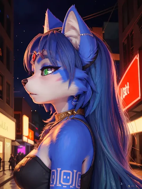 A portrait of  ((krystal)), Star Fox-Krystal, lovable, green eyes, ((( long blue hair 1 .3))), Decollete, anthro, Fuzzy,  detailed Fluffys fell, Detailed face, (Fluffy),  1 girl, ,woman, Goth, green eyes, undercut, ultra-realistic 8k cg ,  masterpiece, (( ...