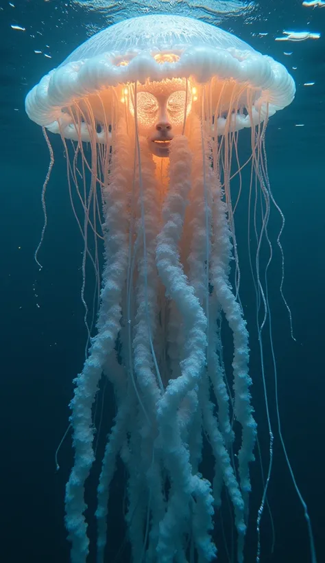 A massive, floating jellyfish-like creature with glowing tendrils stretching for miles, each covered in runes that shimmer like liquid light. Its central body holds a glowing, human-like face, speaking in silent whispers. The water around it sparkles with ...