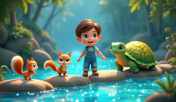 Show a magical river shimmering with sparkling blue water and glowing pebbles at the bottom. Timmy Create a cute cartoon boy with a round face, big blue eyes, delicate eyebrows, and light brown swept hair. Dress him in a light blue t-shirt, denim overalls ...