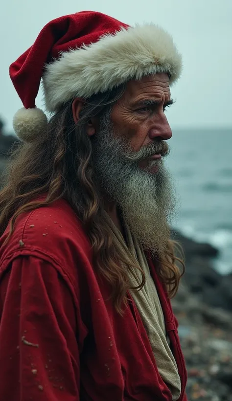 Jesus, with long hair, a big beard, and in old, torn clothes, wearing a Santa Claus hat, alluding to Christmas, transmitting a feeling of poverty, in a confusing, messy and dark environment. In the background, there is the sea.