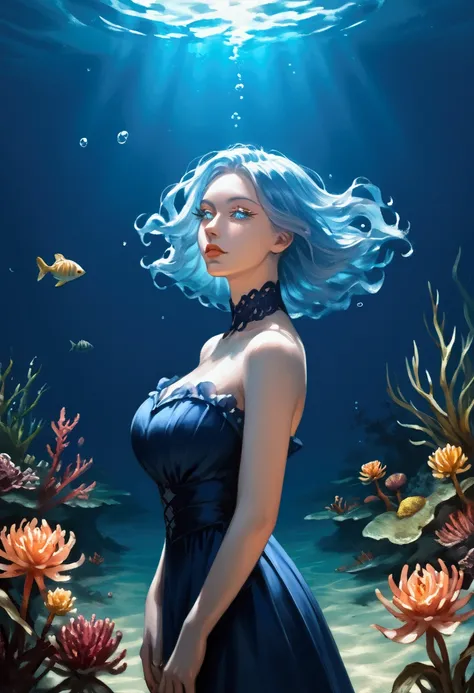 a genasi made of water, woman with water-like skin and flowing blue hair, beautiful detailed eyes, beautiful detailed lips, extremely detailed face, long eyelashes, graceful pose, underwater scene, glowing bioluminescent plants, ethereal lighting, cinemati...