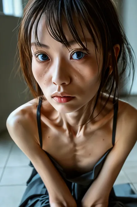 (Photorealistic),(Masterpiece),(ultra-detailed),a close shot of a very beautiful, very extremely veiny and extremely thin anorexic Japanese woman who is literally just skin and bones and because of being severely malnourished and looks so fragile and delic...