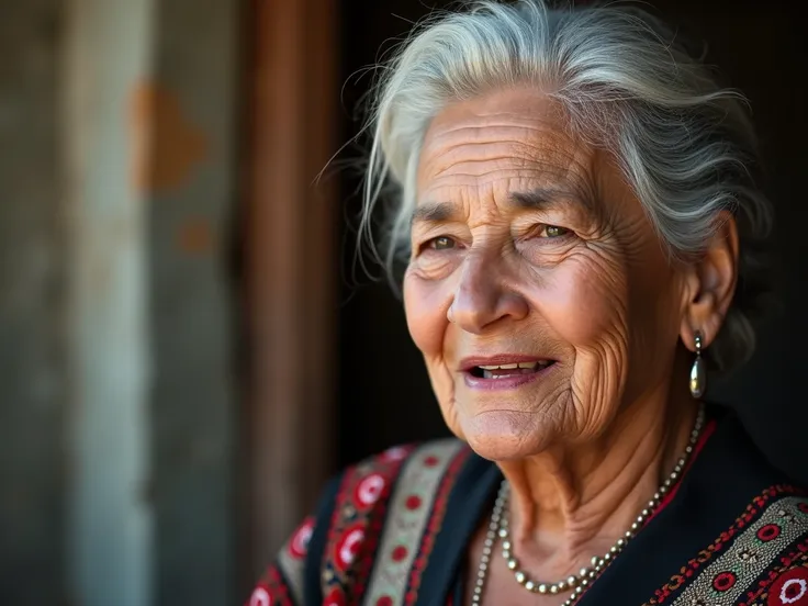 A close-up of an elderly Mexican woman with a kind and wise expression, looking directly at the viewer. She has silver hair styled neatly, wearing traditional Mexican clothing with intricate embroidery. Her mouth is slightly open, as if she is speaking som...