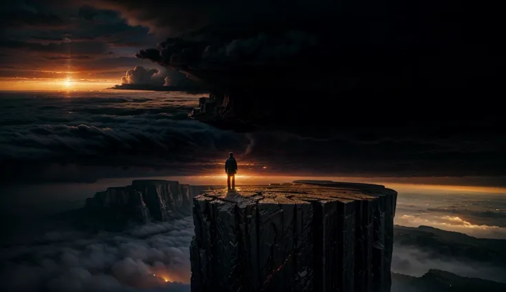 A very distant person stands on the edge of a cliff from where he can see a hyperrealistic view of an immense, infinite landscape, with the sun setting on the horizon a sky with dark clouds over a deep, dark valley, in cold tones, with a gigantic tornado c...