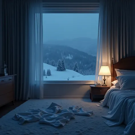 night time, view of room of an icy hotel, view of icy hills, theres a white silky dress and bra on the floor of the room next to the bed, lamp turned on standing on the bedside table, intimate setting