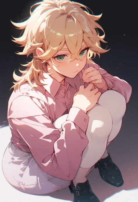 boy teen, wide hips, medium hair, messy bangs, blonde hair, green eyes, wide hips, wearing pink dress shirt, long white skirt, black shoes