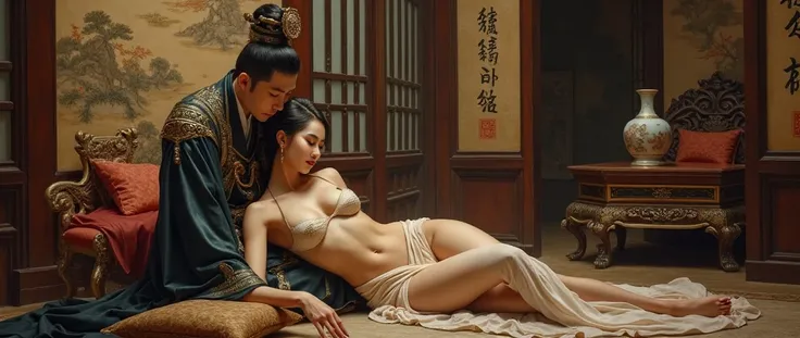 Chinese emperor having adult time with his concubine in traditional Chinese room.gis concubine leg is showing and is almost naked