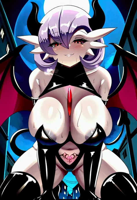 uploaded on e621, (sana!rpg) , gardevoir, succubus gardevoir, succubus, demon, pokemon, female, solo, grey purple body, grey purple areola, demon eyes, black sciera, black horns , tail, wings, womb tattoo, midriff, big large breasts, hidden breasts, black ...