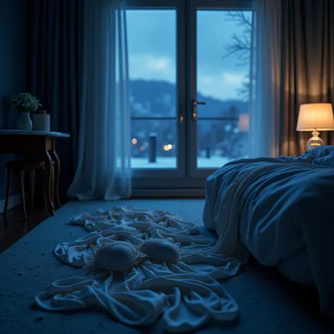 night time, view of room of an icy hotel, view of icy hills, theres a white silky dress and bra on the floor of the room next to the bed, lamp turned on standing on the bedside table, intimate setting