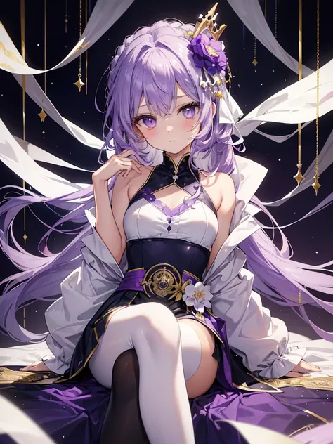 ((Masterpiece, Ultra High Quality, 8K, Anime Style, Gentle Style, Royal Style, Imperial Style)) An average, thin girl with a small bust and thin legs, translucent tan skin, purple and gold eyes with snow-white pupils, with short, curly purple and gold hair...