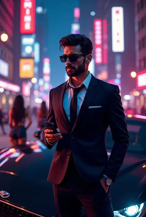 Book cover handsome man 25 years old dark glasses beard for making short hair stylish very well dressed holding a cell phone luxury car night city buildings neon girls in the background