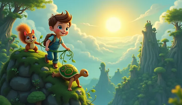 Depict the trio climbing a towering mountain with glowing moss-covered rocks. Timmy Create a cute cartoon boy with a round face, big blue eyes, delicate eyebrows, and light brown swept hair. Dress him in a light blue t-shirt, denim overalls with rolled-up ...