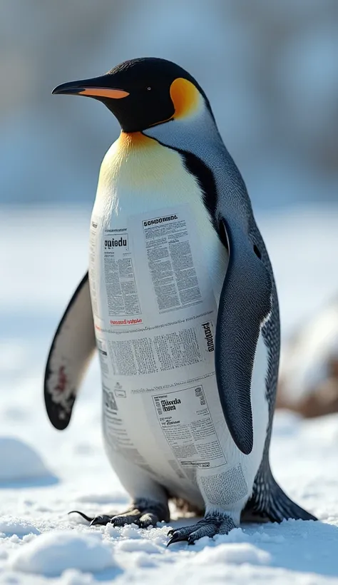  A realistic penguin with a body made of used newspaper sheets that make up every part of its body,  including wings , beak ,  and head .  The newspaper is neatly arranged ,  creates the illusion of a living creature residing in a snowy environment ,  comp...