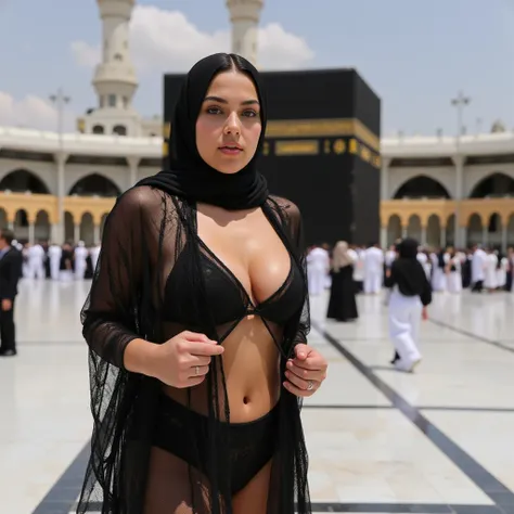 Niqab fat Curvy lady in very tight, see-through clothes in all over her body, very big tits. in front of the Kaaba,sexy body with huge breasts,The butt is up,open ass, full body view,Nipples protruding from clothing
