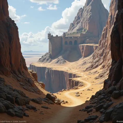 fantasy artwork, on the right side tall arid mountains and a plateau with a path that leads to a far away dwarven style fort built into the side of a volcano, on the left theres a huge gaps