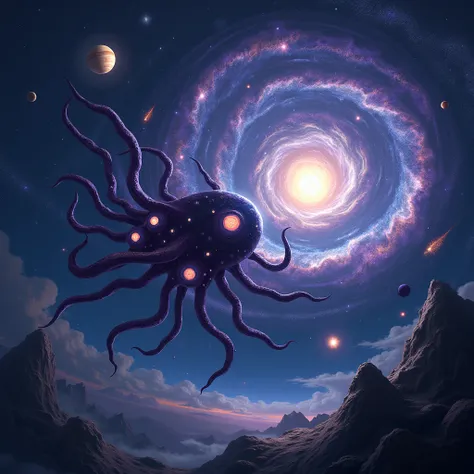 A surreal image of a cosmic being with multiple eyes and tentacles, floating in space. The being is surrounded by stars, planets, and comets. The background contains a large purple spiral galaxy with blue and white spiral arms.