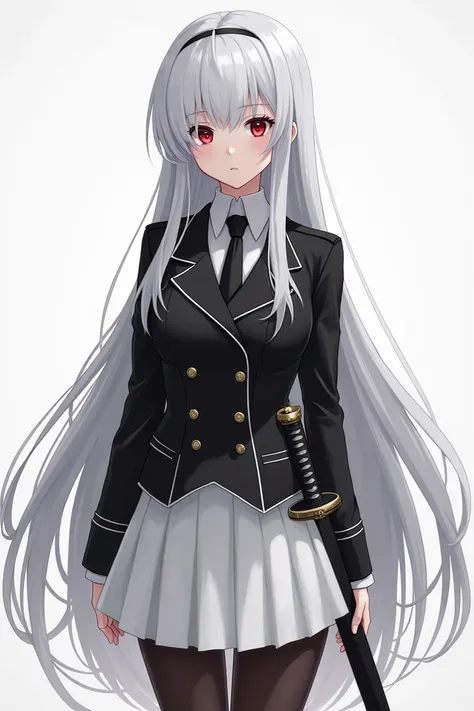  Beautiful 18-year-old girl with long straight white hair, Ojos rojos, expressionless face, in uniform, the black jacket and the white skirt , with black stockings, with a sword at his waist