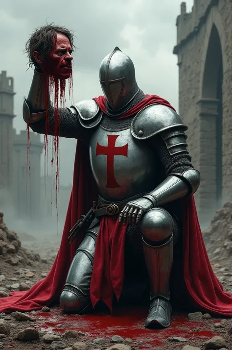 "An imposing Templar ,  wearing detailed medieval metallic armor ,  with a red robe and a white cross on his chest .  He is holding with one hand the head of a fallen person ,  with disordered hair and an expression of pain And fear in the face .  The head...