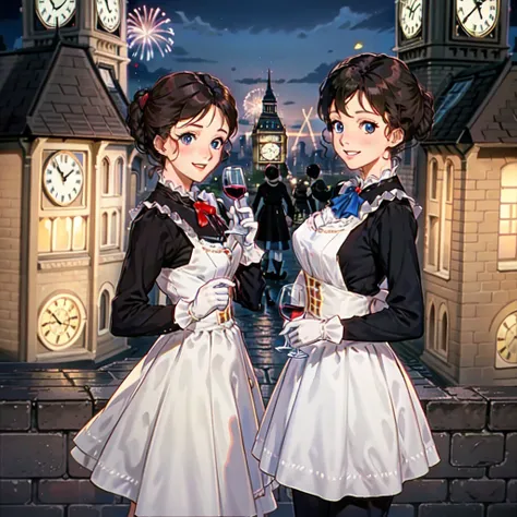 Mary Poppins, black hair, curly hair, black dress, white gloves, holds wine cup, smile, looking at the viewer, people, crowded, night, fireworks, London, Big Ben Clock