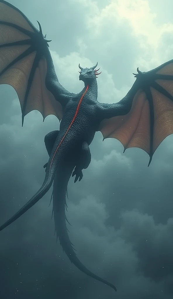 black and red dragon flying in the bottomless misty sky