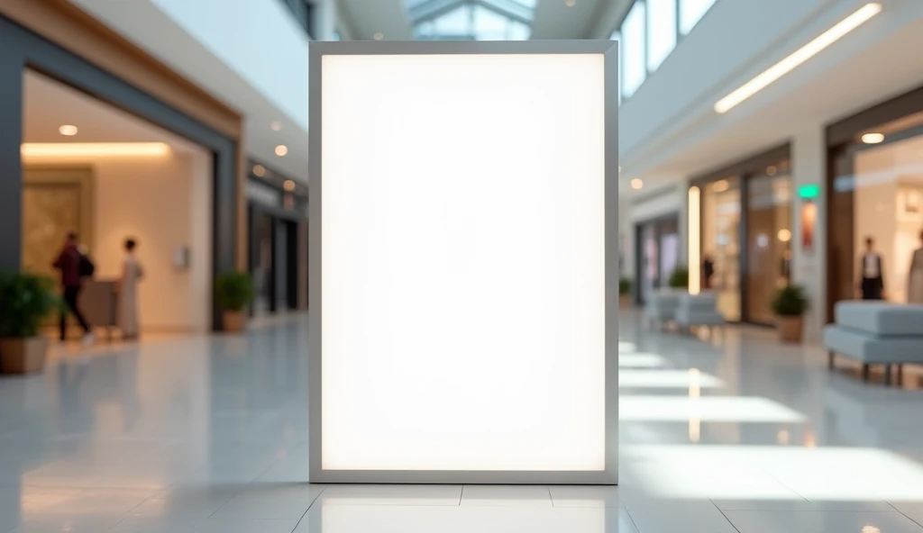 "A vertical plain white promotional poster mock-up displayed in a sleek, bright and strategic indoor mall environment.