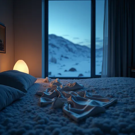 night time, view of room of an icy hotel, view of icy hills, theres a white silky dress and bra on the floor of the room next to the bed, lamp turned on standing on the bedside table, intimate setting