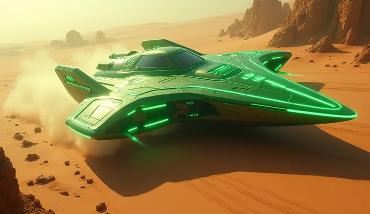 futuristic green neon spaceship rushes through the desert