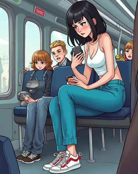 comic+anime+cartoon, 1 woman standing on a bus, people looking at her, blushing worriend face, super expressive image A Latina woman, white skin, black hair, (she is sitting on the bus watching  his phone)  wearing blue pants, tennis shoes, a sleeveless bl...