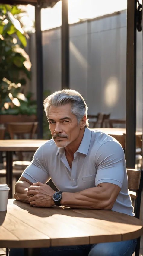 Beautiful model, 55 years old, gray hair, grayish hair, strong, very strong and prominent veins in the arms, big biceps, broad shoulders, simply handsome and well structured, showing how strong he is, showing his very strong and very thick legs, showing th...