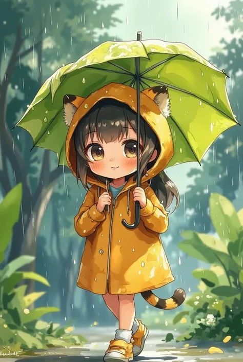 ((masterpiece)) ((photography)) ((Highest quality)) A detailed 4D illustration of an adorable kawaii girl wearing a hooded cape designed with tiger ears, her fluffy striped tail swaying gently as she walks. She holds large banana leaves above her head as a...