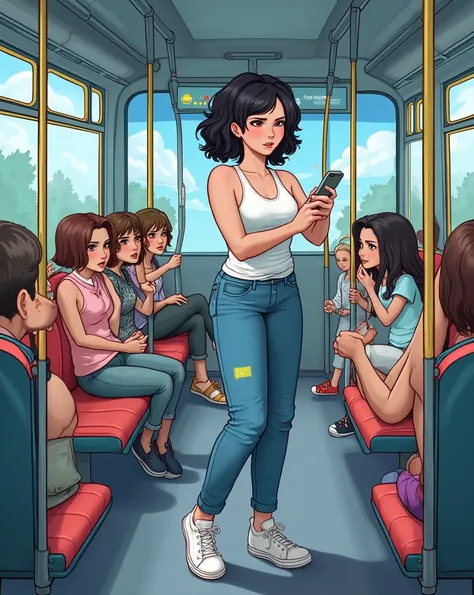 comic+anime+cartoon, 1 woman standing on a bus, people looking at her, blushing worriend face, super expressive image A Latina woman, white skin, black hair, (she is sitting on the bus watching  his phone)  wearing blue pants, tennis shoes, a sleeveless bl...