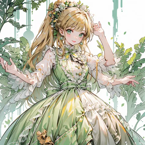 1girl,solo,with light ginger hair and vuctorian 1800 s hairstyle, and big green eyes ,rose lipstick ,wearing a big and tall yellow and greendress like marie antoinette dress with lot of gorgeous ties and patterns ,smiling at the viewer and grabbing a very ...