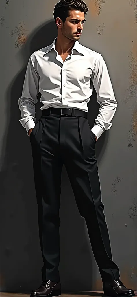 Man in a crisp, fitted white dress shirt with hands casually tucked into pockets, surrounded by sharp, defined black outlines and subtle, minimalist shading reminiscent of Alphonse Muchas Art Nouveau era, with clean lines and modern comic art sensibilities...