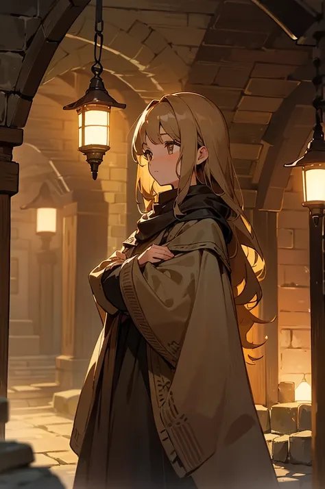 A young woman standing in the middle of a quiet medieval village. Her light brown, wavy hair falls to her shoulders, and her calm brown eyes gaze softly at her surroundings. She is dressed in a simple dark cloak over vintage-style attire, blending in with ...