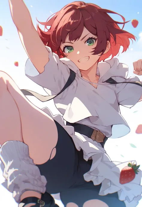 boy, femboy, bob cut, layered hair, strawberry red hair, green eyes, wide hips, wearing white summer dress, strawberry open hoodie, black shoes, ripped black pantyhose, white leg warmers, fun pose, fun background 