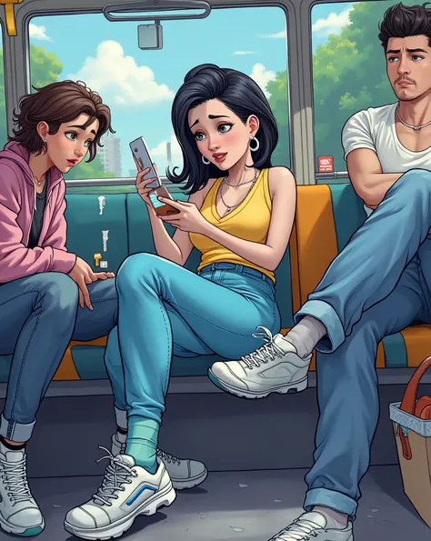 comic+anime+cartoon, 1 woman sitting on a bus, people looking at her, blushing worriend face, super expressive image A Latina woman, white skin, black hair, (she is sitting on the bus watching  his phone)  wearing blue pants, tennis shoes, a sleeveless blo...