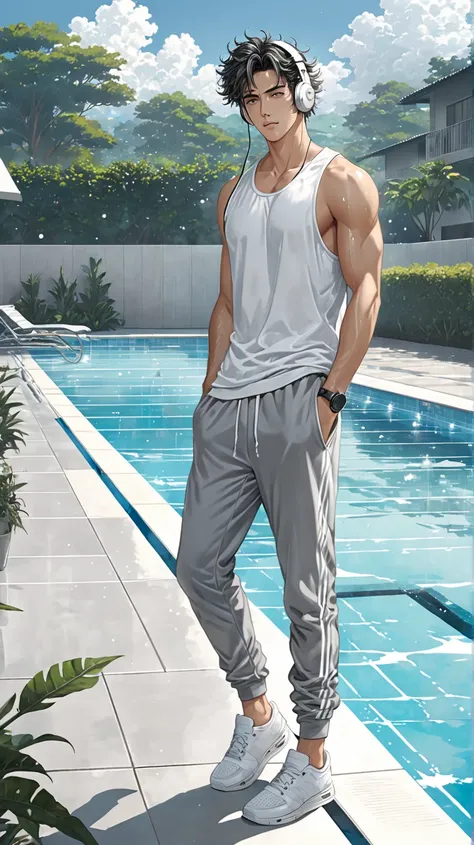 Realistic Anime style 1 handsome guy just woke up aura,black semi messy hair,grey sando, grey jogging pants,white sneaker,headphone on ear, full body shot, accurate prompt details, threadmilling, sweaty, swimming pool background