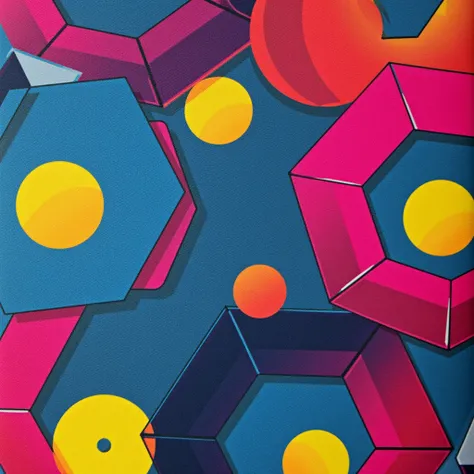 Design a bold geometric fabric with overlapping hexagons, triangles, and circles in vibrant shades like electric blue, neon pink, and sunny yellow. Add a gradient effect for a contemporary and dynamic look."