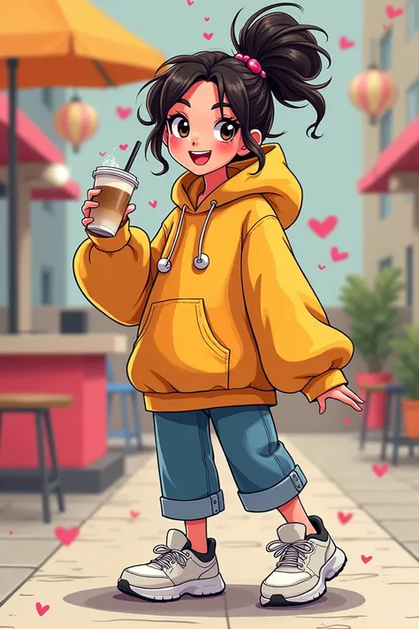 "A trendy, cartoon-style character with a cheerful personality, wearing a stylish oversized hoodie and trendy sneakers. The character has big, sparkling eyes and a playful smile that exudes positivity. She is holding a cup of coffee or bubble tea while god...