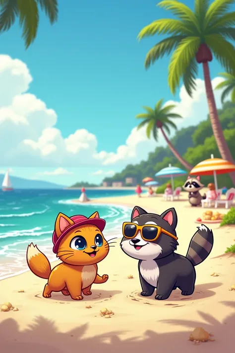 Cartoon with a cat , Dog,  raccoon on the seashore