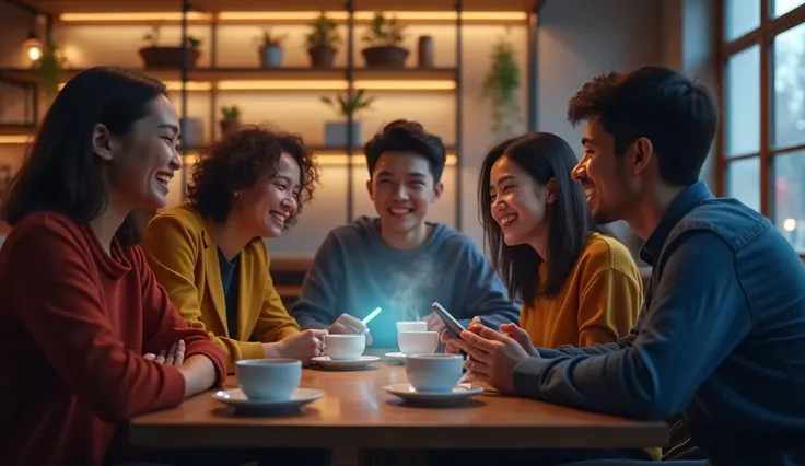 A group of friends sitting together at a café, laughing and talking, while one person is isolated, staring at their smartphone with a distracted expression. The warm and lively atmosphere contrasts with the cold, isolating glow of the phone, symbolizing th...