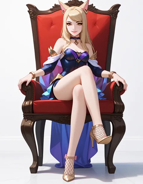 ((full body photo, standing, feet on the ground)) KDA Ahri LoL PD, masterpiece, best quality, (sitting on throne, legs crossed, showing feet, profile photo), highly detailed, score_9, score_8_up, score_7_up, score_6_up, anime font ,BREAK, 2girl, solo, long...