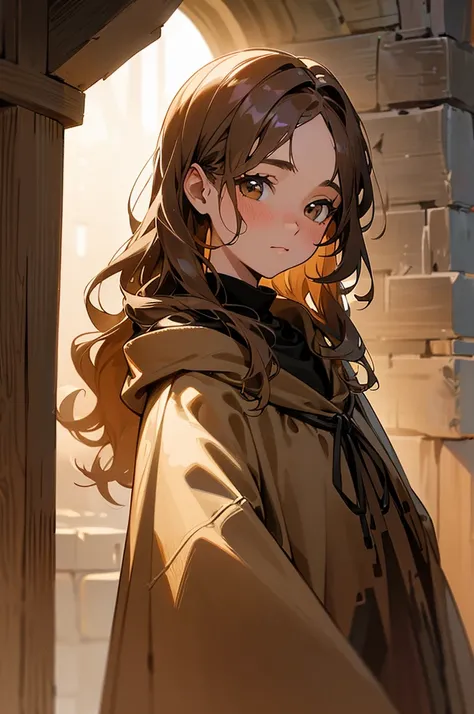 A close-up portrait of a 20-year-old woman standing in a medieval village at dawn. Her light brown, wavy hair frames her face, and her warm brown eyes reflect a quiet curiosity. She wears a simple dark cloak with a subtle texture, blending naturally into t...