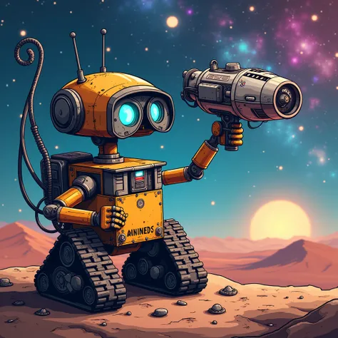 A t-shirt design of a small, friendly robot with a worn appearance, similar to Wall-E, but equipped with futuristic tools and antennas. He is repairing a spaceship in orbit, with gears and wires floating around. The background features a galaxy with vibran...