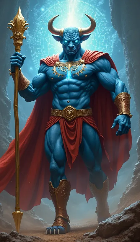 DR. Fate DC merged with a bull with a cape and blue skin