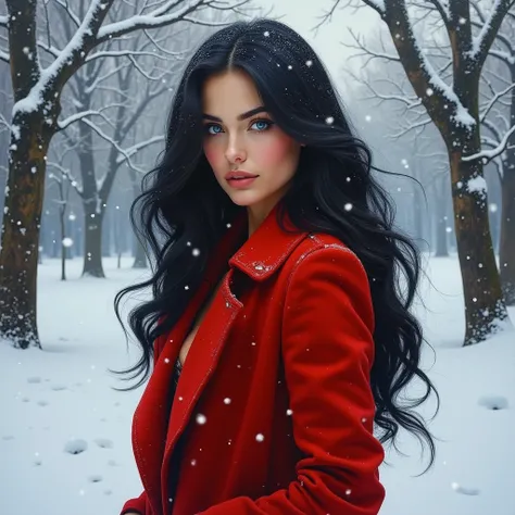 Realistic oil painting of a stunningly beautiful woman with European features ,  long jet-black hair that shines with a soft reflection ,  and sapphire blue eyes that stand out intensely in the winter landscape .  He is standing in a snowy environment ,  s...