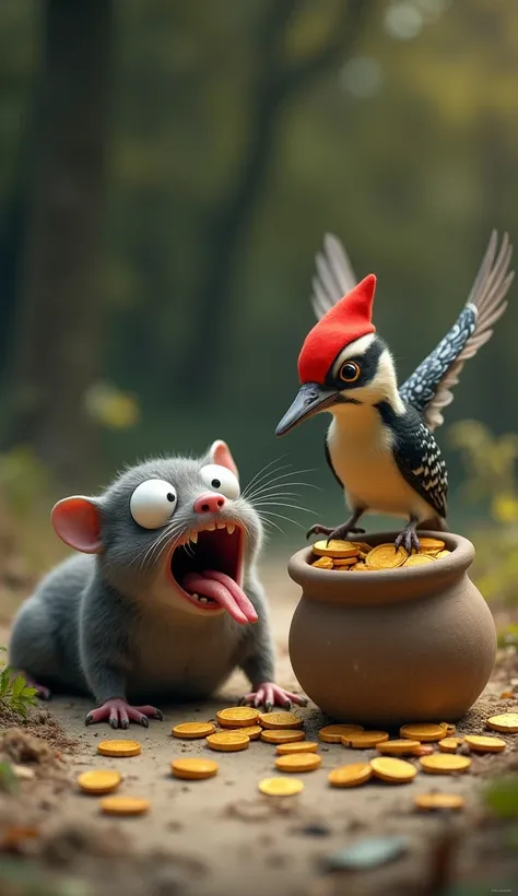 a mole,  lies on the ground ,opened his mouth , Sticking out his tongue, eyes white , next to him is a pot of coins ,  the woodpecker reaches for the pot and smiles 