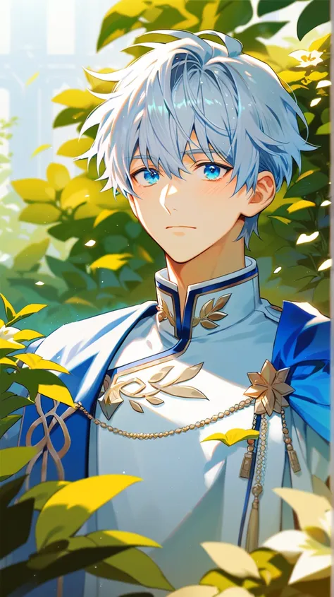 8K, man in his twenties with long, straight, silver-white hair, kpop bangs, vibrant blue eyes, soft face, prince-like appearance, and white clothes, fantasy clothes, noblemans clothes. He stands in a garden of flowers, sunlight streaming, and he smiles gen...