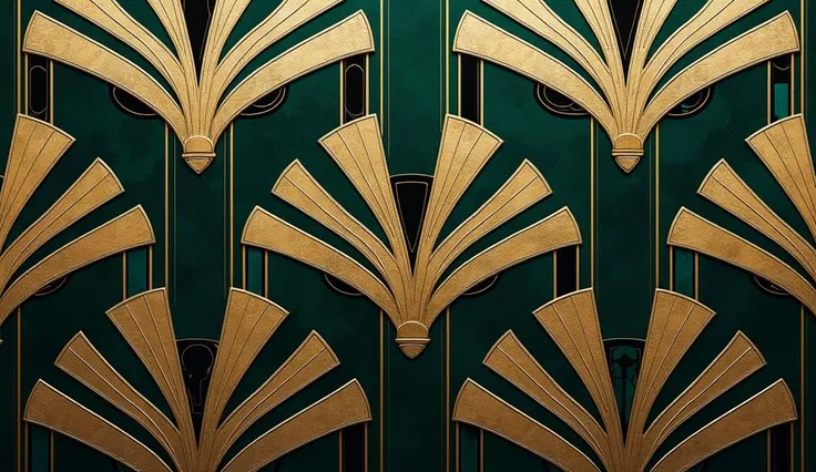 "Design an Art Deco-inspired fabric with sleek, symmetrical patterns of fans, arches, and metallic gold and black lines. Add subtle highlights of emerald green for a luxurious touch."
